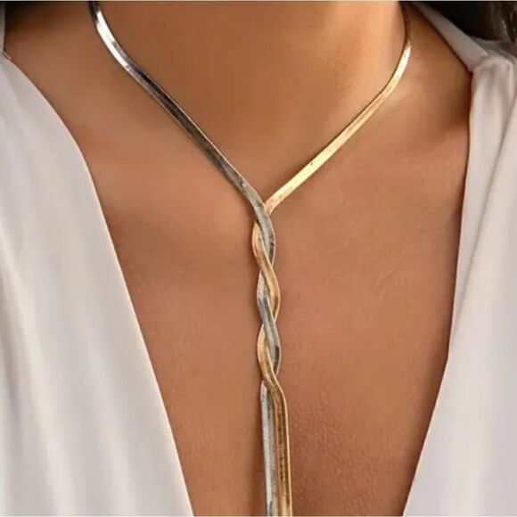 Silver, Gold or Multicolor Long Twisted Y-Shaped Chain Flat Snake Necklace - Picture 6 of 9